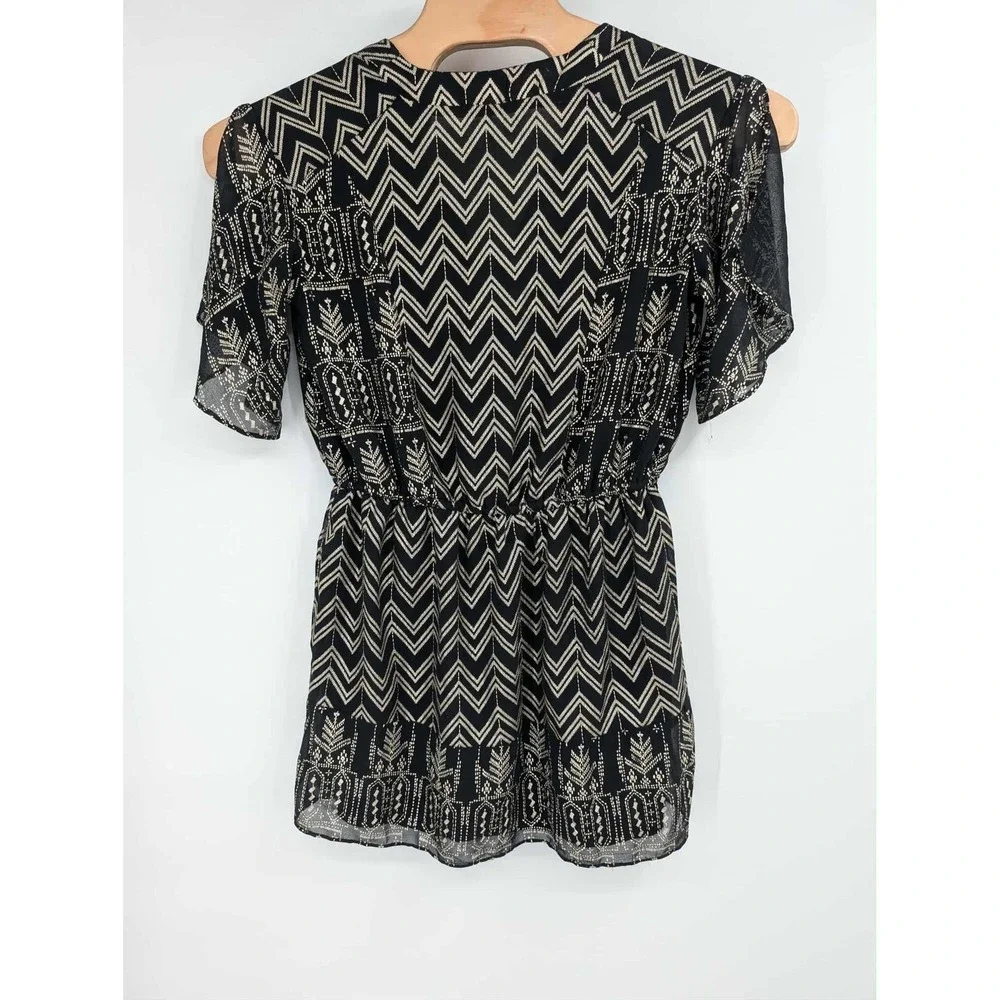 Free‎ People Love My Chaos Mini Dress Black Gold Foil Flutter Sleeve Size S